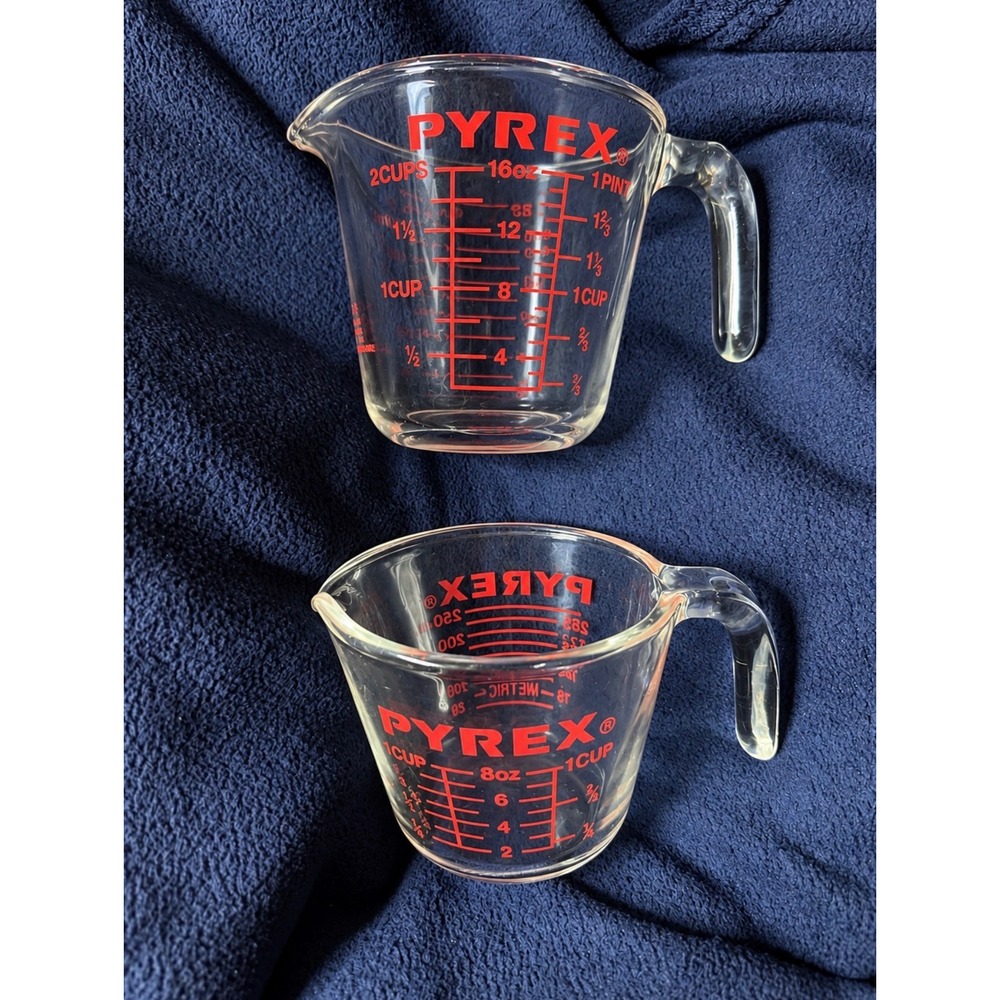 Pyrex Vintage Glass Measuring Cup 1 Cup 8oz and 2 Cup 16oz Red Lettering
